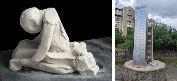 photos of a stone and metal memorial and a clay maquette of a kneeling person.